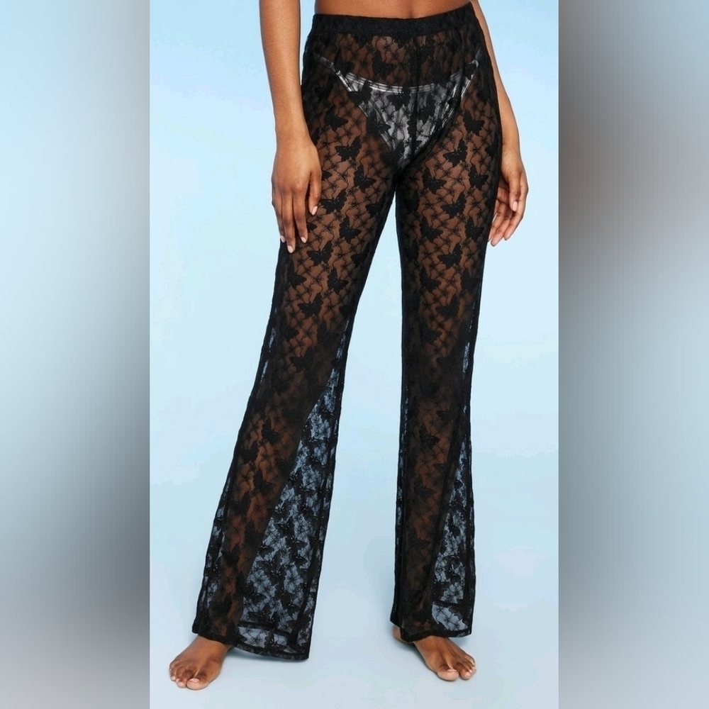 Women's Sheer Lace Flare Cover-Up Pants  Stretchy Mid-rise Breathable Fabric New